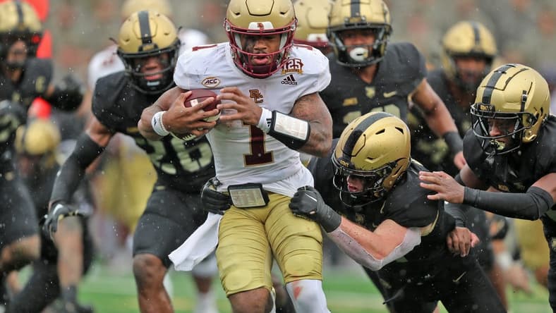 Oct 7, 2023; West Point, New York, USA; Boston College Eagles quarterback Thomas Castellanos (1) carries the ball against the Army Black Knights during the second half at Michie Stadium. Mandatory Credit: Danny Wild-USA TODAY Sports