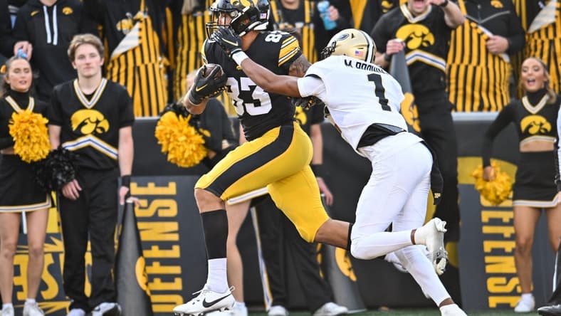 Oct 7, 2023; Iowa City, Iowa, USA; Iowa Hawkeyes tight end Erick All (83) catches a touchdown pass from quarterback Deacon Hill (not pictured) as Purdue Boilermakers Markevious Brown (1) defends during the fourth quarter at Kinnick Stadium. Mandatory Credit: Jeffrey Becker-USA TODAY Sports