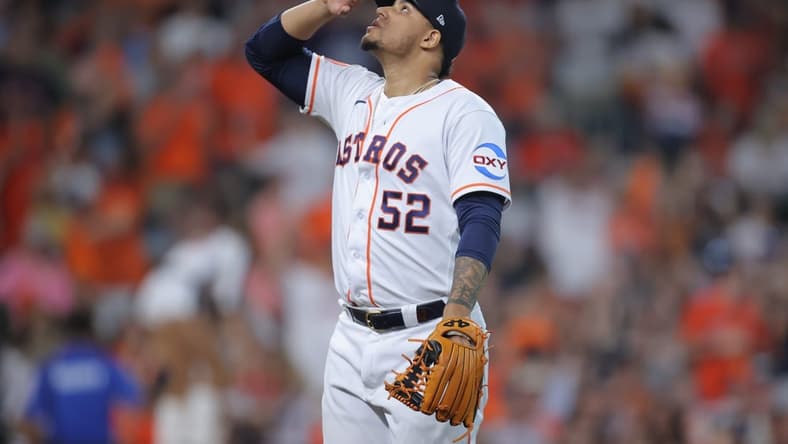 Oct 7, 2023; Houston, Texas, USA; Houston Astros relief pitcher Bryan Abreu (52) looks on in the eighth inning against the Minnesota Twins during game one of the ALDS for the 2023 MLB playoffs at Minute Maid Park. Mandatory Credit: Erik Williams-USA TODAY Sports