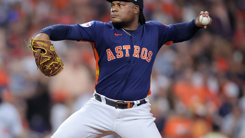 Oct 8, 2023; Houston, Texas, USA; Houston Astros starting pitcher Framber Valdez (59) throws a pitch in the first inning for game two of the ALDS for the 2023 MLB playoffs against the Minnesota Twins at Minute Maid Park. Mandatory Credit: Erik Williams-USA TODAY Sports