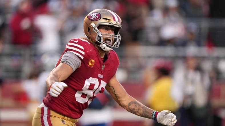 Oct 8, 2023; Santa Clara, California, USA; San Francisco 49ers tight end George Kittle (85) reacts after scoring a touchdown against the Dallas Cowboys during the second quarter at Levi's Stadium. Mandatory Credit: Darren Yamashita-USA TODAY Sports