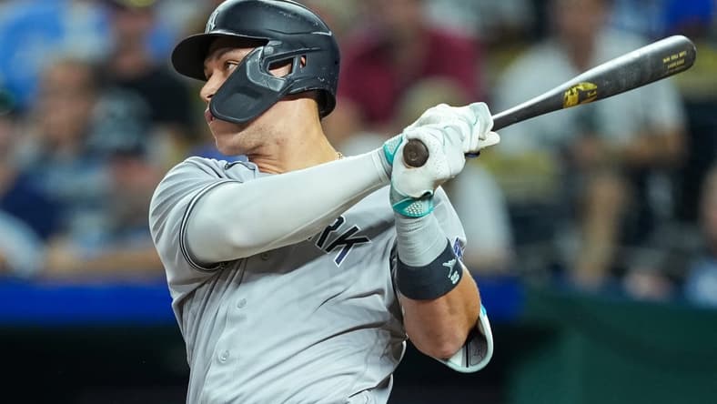 Sep 30, 2023; Kansas City, Missouri, USA; New York Yankees designated hitter Aaron Judge (99) bats during the eighth inning against the Kansas City Royals at Kauffman Stadium. Mandatory Credit: Jay Biggerstaff-USA TODAY Sports