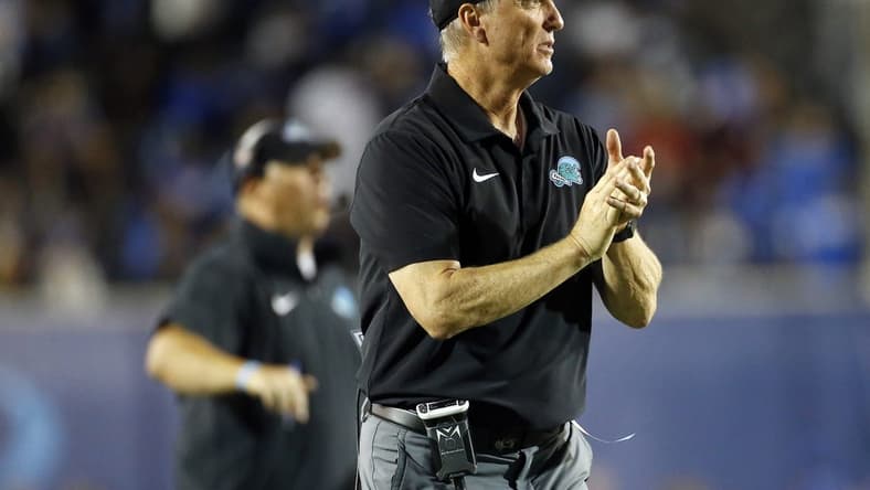 Oct 13, 2023; Memphis, Tennessee, USA; Tulane Green Wave head coach Willie Fritz watches from the sideline during the second half at Simmons Bank Liberty Stadium. Mandatory Credit: Petre Thomas-USA TODAY Sports
