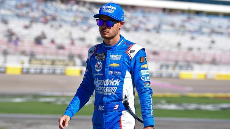 Oct 14, 2023; Las Vegas, Nevada, USA; NASCAR Cup Series driver Kyle Larson (5) during qualifying for the South Point 400 at Las Vegas Motor Speedway. Mandatory Credit: Gary A. Vasquez-USA TODAY Sports