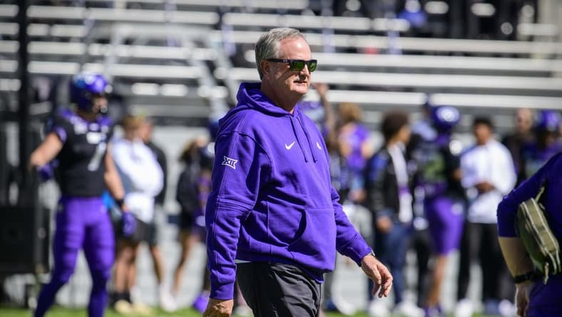 Oct 14, 2023; Fort Worth, Texas, USA; TCU Horned Frogs head coach Sonny Dykes walks the field before the game between the TCU Horned Frogs and the Brigham Young Cougars at Amon G. Carter Stadium. Mandatory Credit: Jerome Miron-USA TODAY Sports