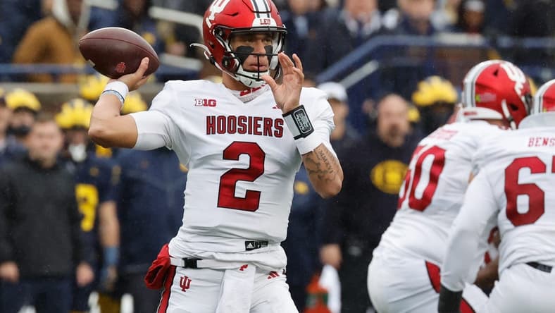 Oct 14, 2023; Ann Arbor, Michigan, USA; Indiana Hoosiers quarterback Tayven Jackson (2) passes in the first half against the Michigan Wolverines at Michigan Stadium. Mandatory Credit: Rick Osentoski-USA TODAY Sports