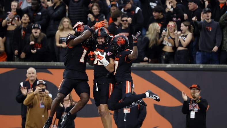 Oct 14, 2023; Corvallis, Oregon, USA; Oregon State Beavers tight end Jack Velling (88) celebrates with teammates after scoring a touchdown during the first half against the UCLA Bruins at Reser Stadium. Mandatory Credit: Soobum Im-USA TODAY Sports