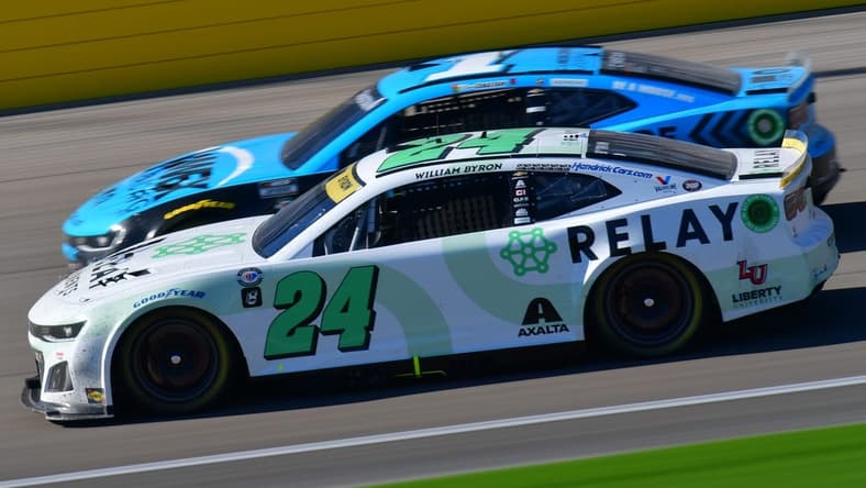 Oct 15, 2023; Las Vegas, Nevada, USA; NASCAR Cup Series driver William Byron (24) drives for position against driver Ross Chastain (1) during the South Point 400 at Las Vegas Motor Speedway. Mandatory Credit: Gary A. Vasquez-USA TODAY Sports
