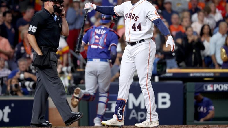 Oct 15, 2023; Houston, Texas, USA; Houston Astros left fielder Yordan Alvarez (44) reacts after a strikeout during the third inning of game one of the ALCS against the Texas Rangers in the 2023 MLB playoffs at Minute Maid Park. Mandatory Credit: Troy Taormina-USA TODAY Sports