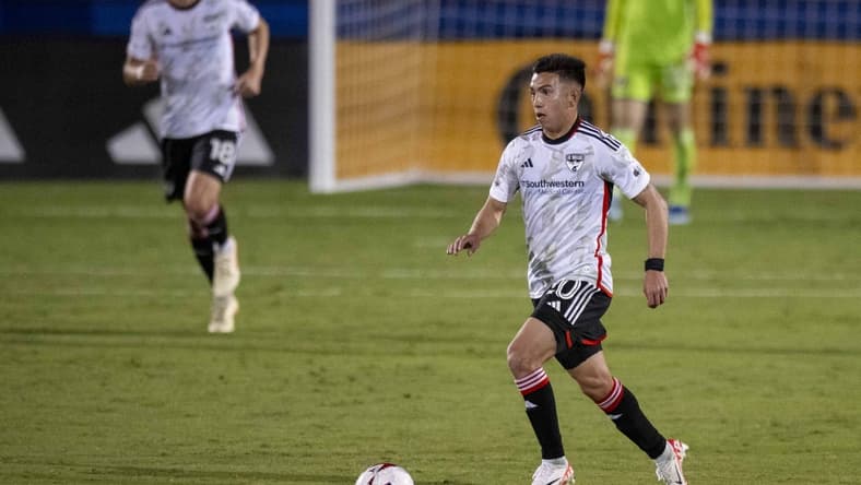Oct 14, 2023; Frisco, TX, USA; FC Dallas forward Alan Velasco (20) in action during the game between FC Dallas and the Colorado Rapids at Toyota Stadium. Mandatory Credit: Jerome Miron-USA TODAY Sports