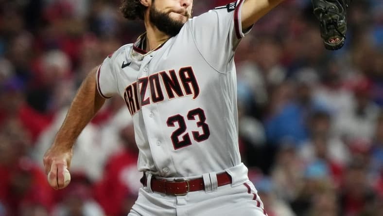 Arizona Diamondbacks Zac Gallen (23) pitches against the Philadelphia Phillies during their NLCS game at Citizens Bank Park in Philadelphia on Oct. 16, 2023.