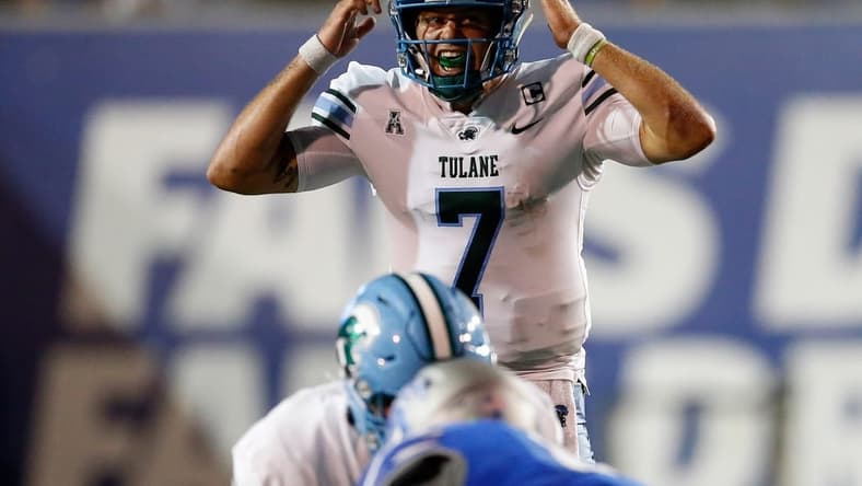 Oct 13, 2023; Memphis, Tennessee, USA; Tulane Green Wave quarterback Michael Pratt (7) signals prior to the snap against the Memphis Tigers during the first half at Simmons Bank Liberty Stadium. Mandatory Credit: Petre Thomas-USA TODAY Sports