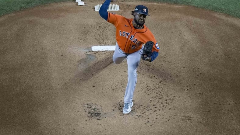 Oct 18, 2023; Arlington, Texas, USA; Houston Astros starting pitcher Cristian Javier (53) pitches during the game between the Texas Rangers and the Houston Astros during game three of the ALCS for the 2023 MLB playoffs at Globe Life Field. Mandatory Credit: Jerome Miron-USA TODAY Sports