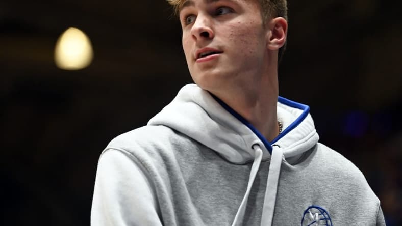 Oct 20, 2023; Durham, NC, USA; Duke Blue Devils recruit Cooper Flagg during Countdown to Craziness at Cameron Indoor Stadium. Mandatory Credit: Rob Kinnan-USA TODAY Sports
