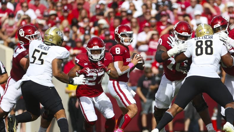 Oct 21, 2023; Norman, Oklahoma, USA;  Oklahoma Sooners quarterback Dillon Gabriel (8) throws during the second quarter against the UCF Knights at Gaylord Family-Oklahoma Memorial Stadium. Mandatory Credit: Kevin Jairaj-USA TODAY Sports