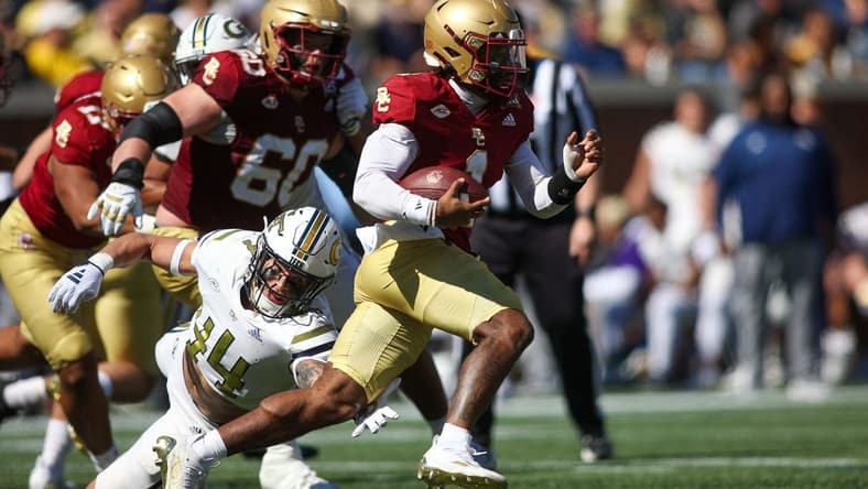 Oct 21, 2023; Atlanta, Georgia, USA; Boston College Eagles quarterback Thomas Castellanos (1) runs the ball against the Georgia Tech Yellow Jackets in the second quarter at Bobby Dodd Stadium at Hyundai Field. Mandatory Credit: Brett Davis-USA TODAY Sports