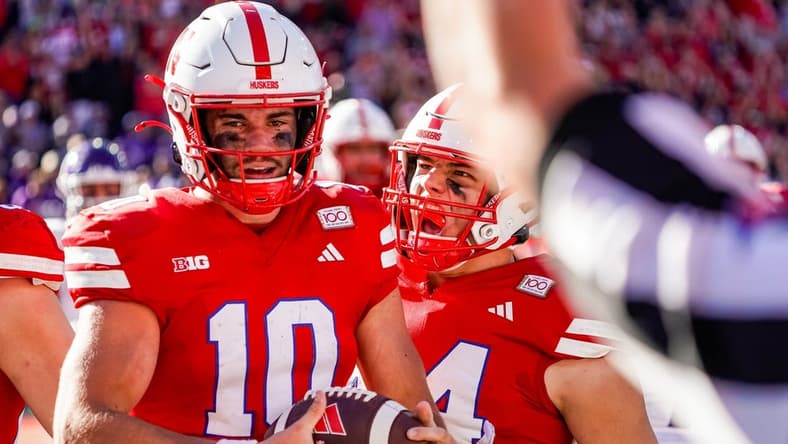 Oct 21, 2023; Lincoln, Nebraska, USA; Nebraska Cornhuskers quarterback Heinrich Haarberg (10) and tight end Luke Lindenmeyer (44) celebrate after a touchdown by Haarberg against the Northwestern Wildcats during the second quarter at Memorial Stadium. Mandatory Credit: Dylan Widger-USA TODAY Sports