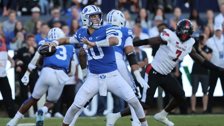 Oct 21, 2023; Provo, Utah, USA; Brigham Young Cougars quarterback Kedon Slovis (10) passes the ball against the Texas Tech Red Raiders in the first quarter at LaVell Edwards Stadium. Mandatory Credit: Rob Gray-USA TODAY Sports