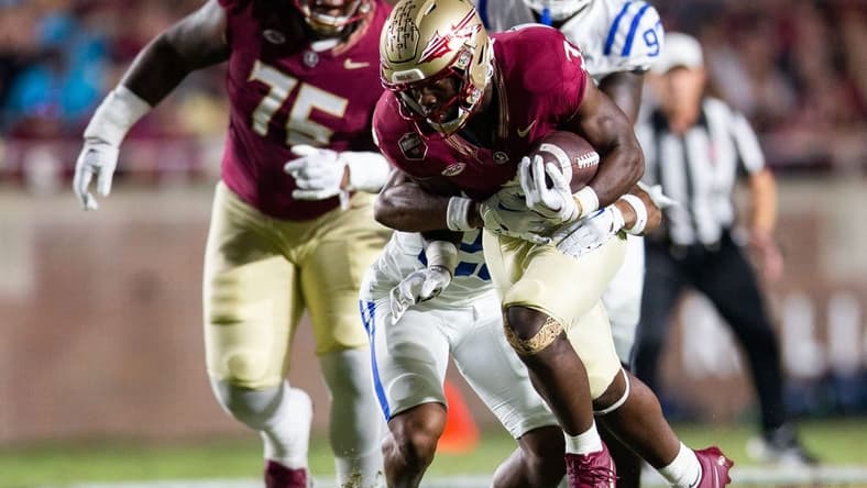 The Duke Blue Devils lead the Florida State Seminoles 20-17 at the half on Saturday, Oct. 21, 2023.