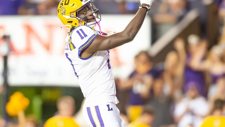 Brian Thomas Jr (11) pick six and scores a touchdown as the LSU Tigers take on the the Army Black Knights in Tiger Stadium in Baton Rouge, Louisiana, October. 21, 2023.