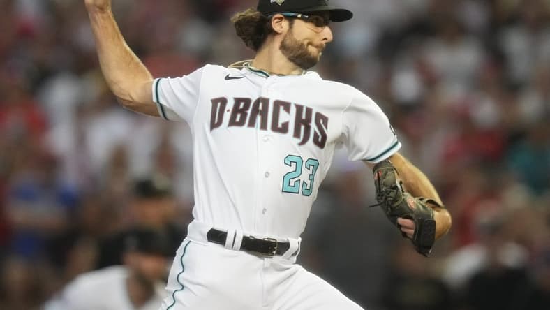 Arizona Diamondbacks pitcher Zac Gallen (23) throws a pitch in the first inning against the Philadelphia Phillies in Game 5 of the NLCS of the 2023 MLB playoffs on Oct. 21, 2023, at Chase Field in Phoenix, AZ. The Phillies beat the Diamondbacks 6-1, giving Philadelphia the overall lead of 3-2 in the NLCS playoffs.