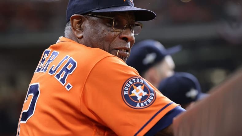 Oct 22, 2023; Houston, Texas, USA; Houston Astros manager Dusty Baker (12) in the first inning during game six of the ALCS for the 2023 MLB playoffs against the Texas Rangers at Minute Maid Park. Mandatory Credit: Troy Taormina-USA TODAY Sports