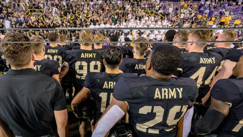 Oct 21, 2023; Baton Rouge, Louisiana, USA; Army Black Knights line up for the alma mater after a game against the LSU Tigers at Tiger Stadium. Mandatory Credit: Matthew Hinton-USA TODAY Sports