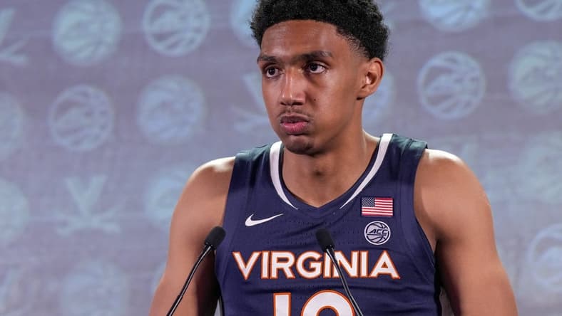 Oct 25, 2023; Charlotte, NC, USA;  Virginia Cavaliers player Reece Beekman speaks to the media during the ACC Tipoff at Hilton Charlotte Uptown. Mandatory Credit: Jim Dedmon-USA TODAY Sports