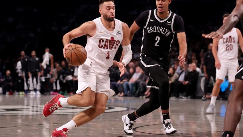 Oct 25, 2023; Brooklyn, New York, USA; Cleveland Cavaliers guard Max Strus (1) drives to the basket against Brooklyn Nets forward Cameron Johnson (2) during the second quarter at Barclays Center. Mandatory Credit: Brad Penner-USA TODAY Sports