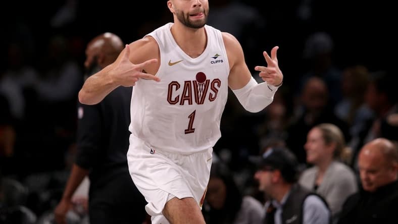 Oct 25, 2023; Brooklyn, New York, USA; Cleveland Cavaliers guard Max Strus (1) reacts after hitting a three point shot against the Brooklyn Nets during the third quarter at Barclays Center. Mandatory Credit: Brad Penner-USA TODAY Sports