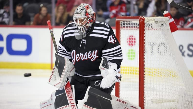 Oct 27, 2023; Newark, New Jersey, USA; New Jersey Devils goaltender Vitek Vanecek (41) makes a save during the second period against the Buffalo Sabres at Prudential Center. Mandatory Credit: Vincent Carchietta-USA TODAY Sports