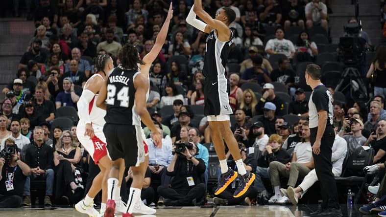 Oct 27, 2023; San Antonio, Texas, USA; San Antonio Spurs forward Victor Wembanyama (1) shoots during the first half against the Houston Rockets at Frost Bank Center. Mandatory Credit: Scott Wachter-USA TODAY Sports