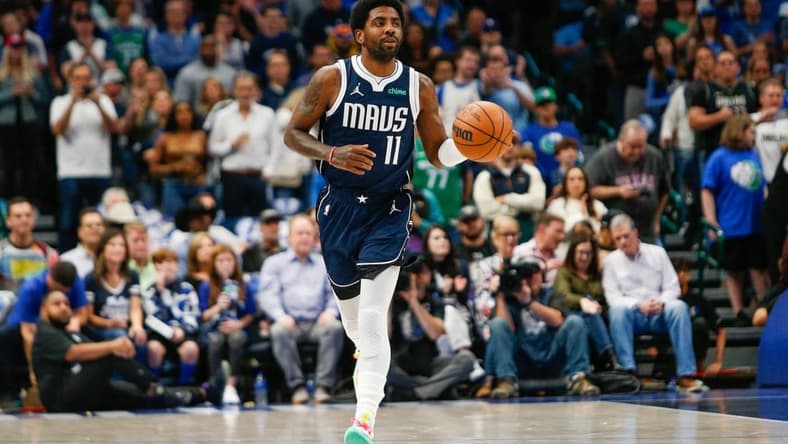 Oct 27, 2023; Dallas, Texas, USA; Dallas Mavericks guard Kyrie Irving (11) brings the ball up the court during the first quarter against the Brooklyn Nets at American Airlines Center. Mandatory Credit: Andrew Dieb-USA TODAY Sports