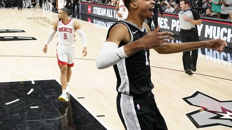 Oct 27, 2023; San Antonio, Texas, USA; San Antonio Spurs forward Victor Wembanyama (1) celebrates his first NBA victory after the Spurs defeated the Houston Rockets at Frost Bank Center. Mandatory Credit: Scott Wachter-USA TODAY Sports