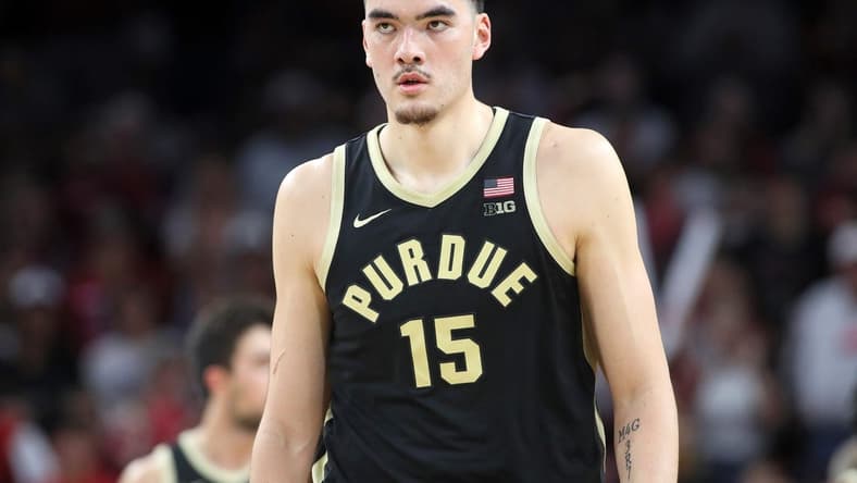 Oct 28, 2023; Fayetteville, AR, USA; Purdue Boilermakers center Zach Edey (15) reacts during a game against the Arkansas Razorbacks at Bud Walton Arena. Arkansas won 81-77. Mandatory Credit: Nelson Chenault-USA TODAY Sports