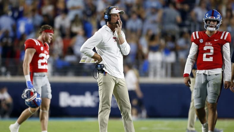 Oct 28, 2023; Oxford, Mississippi, USA; Mississippi Rebels head coach Lane Kiffin watches during a timeout during the second half against the Vanderbilt Commodores at Vaught-Hemingway Stadium. Mandatory Credit: Petre Thomas-USA TODAY Sports