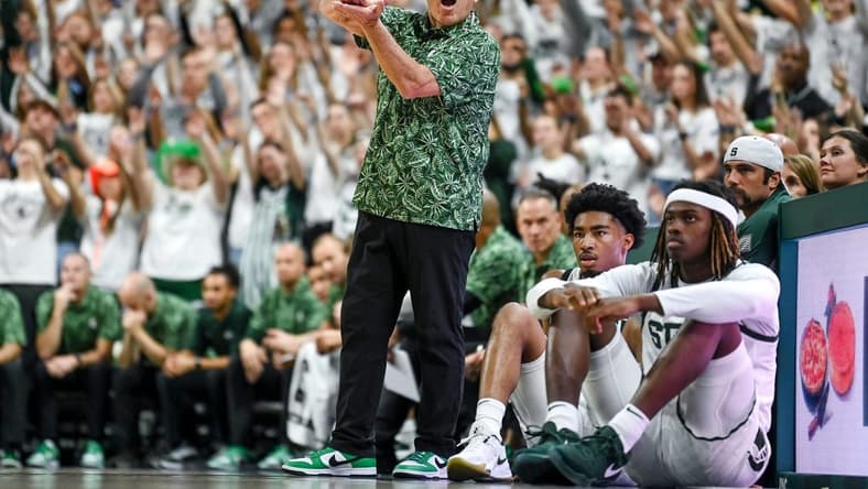 Michigan State's head coach Tom Izzo calls out to a referee during the first half in the game against Tennessee on Sunday, Oct. 29, 2023, at the Breslin Center in East Lansing.