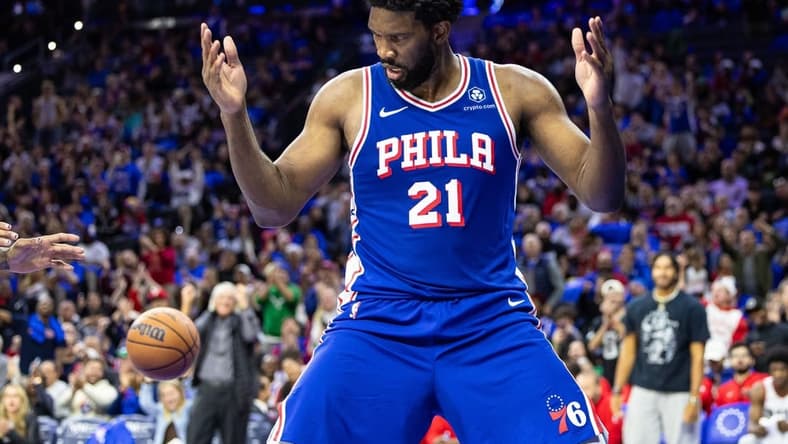 Oct 29, 2023; Philadelphia, Pennsylvania, USA; Philadelphia 76ers center Joel Embiid (21) reacts after a score against the Portland Trail Blazers during the third quarter at Wells Fargo Center. Mandatory Credit: Bill Streicher-USA TODAY Sports