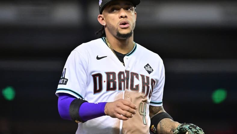 Oct 30, 2023; Phoenix, Arizona, USA; Arizona Diamondbacks second baseman Ketel Marte (4) looks on in the fifth inning against the Texas Rangers in game three of the 2023 World Series at Chase Field. Mandatory Credit: Matt Kartozian-USA TODAY Sports