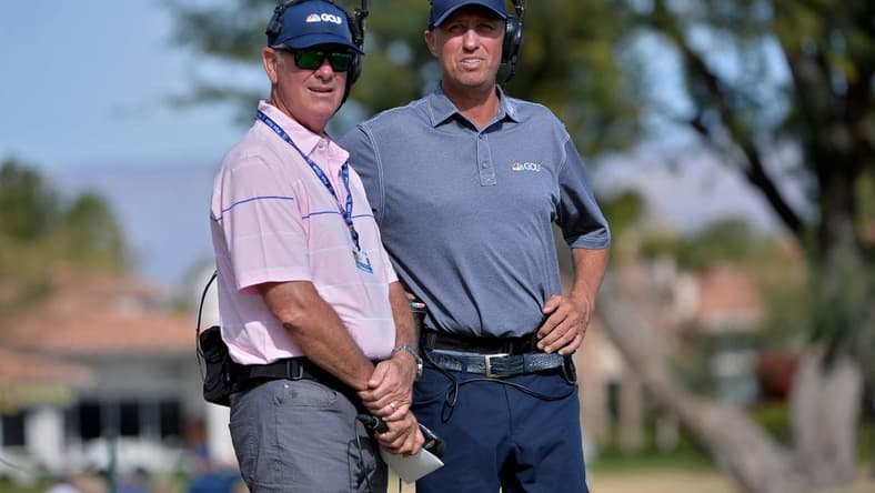 Jan 19, 2020; La Quinta, California, USA; Golf Channel on-course reporters Curt Byrum (L) and Jim MacKay look on during the final round of The American Express golf tournament at Stadium course at PGA West. Mandatory Credit: Orlando Ramirez-USA TODAY Sports
