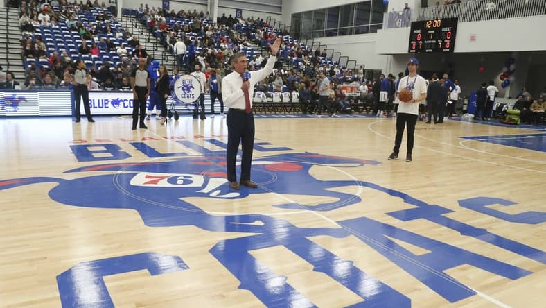 Gov. John Carney stands on the Delaware Blue Coats' Caesar Rodney logo at the opening of Wilmington's Chase Fieldhouse in 2019. The logo has since been discontinued.
Blue Coats Open Field House