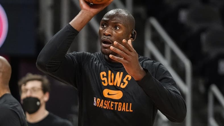 Feb 3, 2022; Atlanta, Georgia, USA; Phoenix Suns center Bismack Biyombo (18) warms up on the court prior to the game against the Atlanta Hawks at State Farm Arena. Mandatory Credit: Dale Zanine-USA TODAY Sports