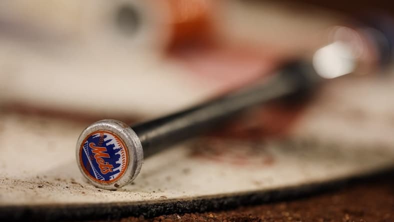 May 11, 2022; Washington, District of Columbia, USA; A detailed view of the New York Mets logo on a bat during the game between the Washington Nationals and the New York Mets at Nationals Park. Mandatory Credit: Scott Taetsch-USA TODAY Sports