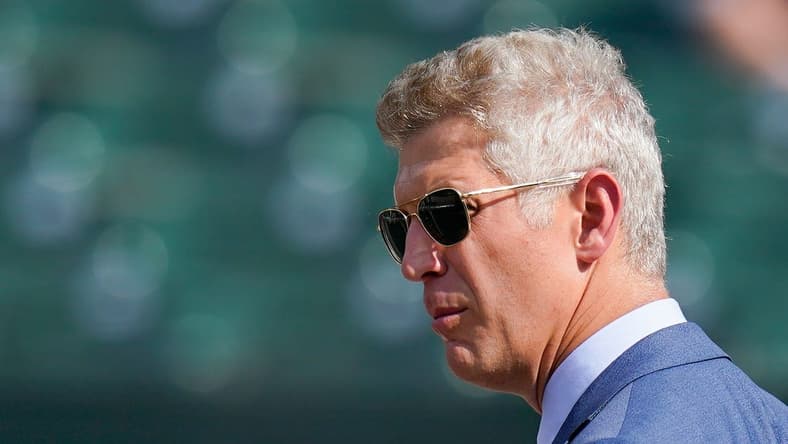 Jul 27, 2022; Baltimore, Maryland, USA; Baltimore Orioles general manager Mike Elias stands oil the field before the game against the Tampa Bay Rays at Oriole Park at Camden Yards. Mandatory Credit: Tommy Gilligan-USA TODAY Sports