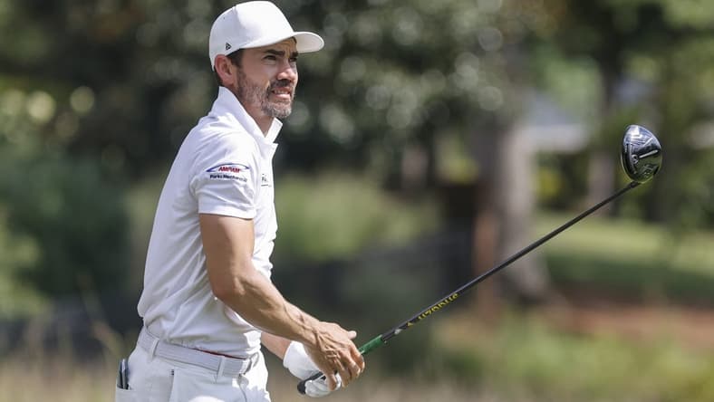 Aug 5, 2022; Greensboro, North Carolina, USA; Camilo Villegas watches his shot off the 9th tee box during the second round of the Wyndham Championship golf tournament. Mandatory Credit: Nell Redmond-USA TODAY Sports
