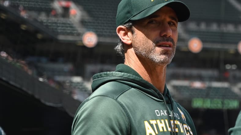 Sep 4, 2022; Baltimore, Maryland, USA; Oakland Athletics bench coach Brad Ausmus (16) looks onto the field during the first inning against the Baltimore Orioles at Oriole Park at Camden Yards. Mandatory Credit: Tommy Gilligan-USA TODAY Sports