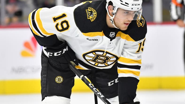 Sep 24, 2022; Philadelphia, Pennsylvania, USA; Boston Bruins center John Beecher (19) against the Philadelphia Flyers at Wells Fargo Center. Mandatory Credit: Eric Hartline-USA TODAY Sports