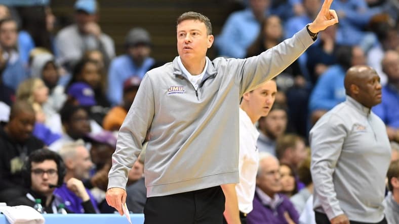 Nov 20, 2022; Chapel Hill, North Carolina, USA; James Madison Dukes head coach Mark Byington reacts in the second half at Dean E. Smith Center. Mandatory Credit: Bob Donnan-USA TODAY Sports