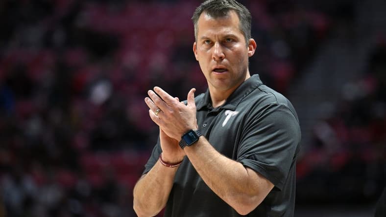 Dec 5, 2022; San Diego, California, USA; Troy Trojans head coach Scott Cross looks on during the first half against the San Diego State Aztecs at Viejas Arena. Mandatory Credit: Orlando Ramirez-USA TODAY Sports