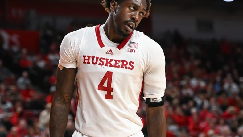 Dec 10, 2022; Lincoln, Nebraska, USA;  Nebraska Cornhuskers forward Juwan Gary (4) reacts to a foul call in the game against the Purdue Boilermakers in the first half at Pinnacle Bank Arena. Mandatory Credit: Steven Branscombe-USA TODAY Sports